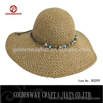 Frauen Mädchen Floppy Wide Large Brim Sommer Strand Stroh Sonnenhut mit Holz verziert